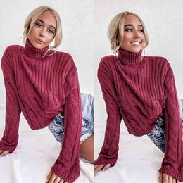 Women Casual Turtleneck Sweater Solid Colour Flare Sleeve Autumn Winter Twist Knit Top Pullover Loose Sweater Vintage Streetwear 210412