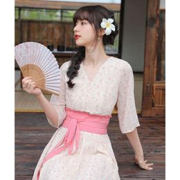 Ethnic Clothing Japanese Traditional Kimono Yukata Summer V-Neck With Obi Belt Waist Tie Floral Print Dress Elegant Slim Girl Long Dresses 2