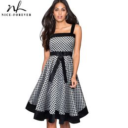 Nice-forever Summer Retro Polka dots Patchwork Dresses Club Party Women Flare Swing Dress 202 210419