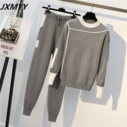 Autumn Runway 2 Pieces Set Knitted Long Sleeve Pullovers Sweater Casual Patchwork Knit Jumper Tops and Pants Suits 210412