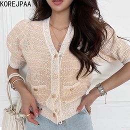 Korejpaa Women Sweater Summer Korea Chic French Style V-Neck Plaid Single-Breasted Loose Double Pocket Puff Sleeve Cardigan 210526