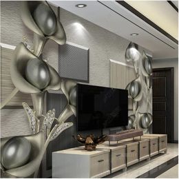 Luxury living style wallpaper three-dimensional relief jewelry 3D tulip wallpapers TV background wall