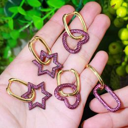 Designer Pink Red Cubic Zirconia Dangling Star Heart Shape 2 Tone Gold Color Women Big Huggie Hoop Earrings CZ864 210714