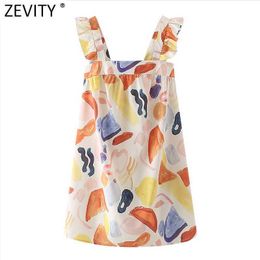 Zevity Women Vintage Square Collar Graffiti Print Ruffles Sling Mini Dress Female Backless Vestido Casual Slim Cloth DS5036 210603