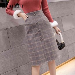 Autumn Winter Woollen Vintage Plaid Women Wrap Skirts Single Breasted Elastic Waist Midi A-Line Skirt Female 210428