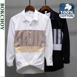 Spring Men Striped Patchwork Shirt Cotton Long Sleeve Button Up Casual 1238 210809