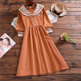 Women Autumn Winter Slim Orange Dresses Sailor Collar Long Female Vestidos Ulzzang Chic Kawaii Loose Midi 210520