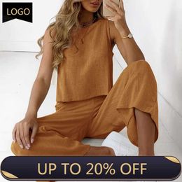 2021 Summer Lady Cotton Linen Suit Sexy O-neck Sleeveless Shirt And Wide Leg Pants Outfits Solid Casual Soft Women Two Piece Set Y0625