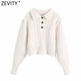 Women Elegant Turn Down Collar Casual Knitting Sweater Ladies Chic Lantern Sleeve Buttons Pullovers Short Tops S517 210420