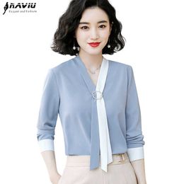 Elegant Ribbon Chiffon Professional Shirt Women Long Sleeve Summer V Neck Patchwork Blouses Office Ladies Fashion Tops 210604