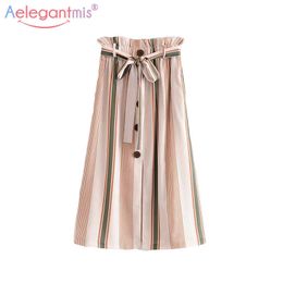 Aelegantmis Women Summer High Street Casual Streiped Long Skirt with Sashes Elegant Vintage Straight Ladies Spring s 210607