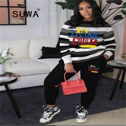 Classic Fashion Vintage Two Piece Sets Women Casual Outfits Long Sleeve Pullover Sweatshirt Top Baggy Pants Lounge Wear 210525