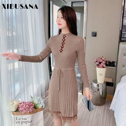 Autumn Half Turtleneck Knitting Cotton Lacing Dress Casual Solid High Waist Long Sleeve Lace Slim Mid Calf Dresses 210423