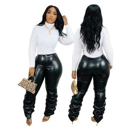 Womens Fashion Sexy Skinny Push Up Faux Leather Pants Ladies Mid Waist Casual Black Stacked XL-3XL Large Size Clothing 210604