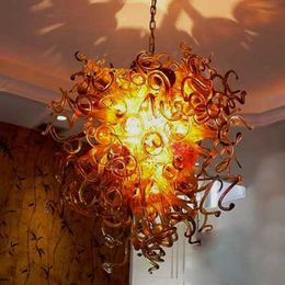 Modern Hand Blown Glass Chandelier Amber Color Hanging Lamps LED Lights Delicate Crystal Chandeliers for Home Bedroom Living Room 40 by 32 Inches