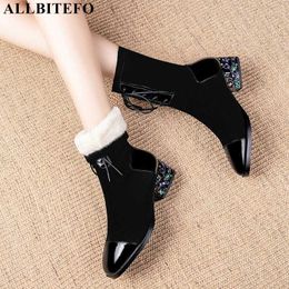 ALLBITEFO thick heels genuine leather Colour diamond heel snow women boots brand high heels ankle boots for woemn size:34-42 210611