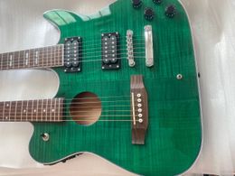 1958 Slash Crossroads Double Neck Acoustic Guitars Green Flame Maple Top Electric Guitar China EQ, Dark Black Back