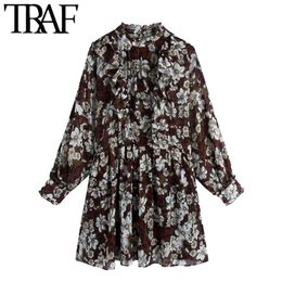 TRAF Women Chic Fashion Floral Print Ruffled Mini Dress Vintage Elastic Waist With Lining Female Dresses Vestidos Mujer 210415