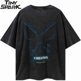 Men Hip Hop Harajuku Washed T-Shirt Streetwear Butterfly Letter Printed Tshirt Summer Short Sleeve Tops Tees Cotton Loose 210409