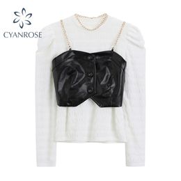 Spring Women's T Shirt With PU Leather Chain Strap Vest Outfits Lady Long Sleeve Clubwear Party Sexy Casual Tees Tops Sets 210515