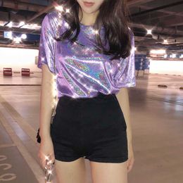 summer woman tops shiny loose short sleeve t-shirt sexy club aesthetic harajuku women stylish bright silk tshirt 210527