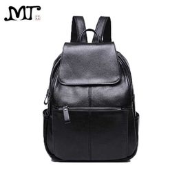 Mj Women Backpacks Simple Fashion Genuine Leather Backpack Solid Colour School Bag Large Black Cowhide Travel Bag for Lady Q0528