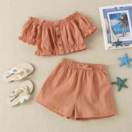 Winter Children Sets Short Sleeve Slash Neck Single Breasted T-shirt Brick Red Solid Shorts Girl Boys Clothes 18M-6T 210629