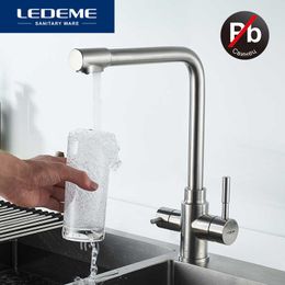 LEDEME Kitchen Faucet with Filtered Water Double Spout Water Purification Stainless Steel Kitchen Tap Sink Mixer Crane L4355-3 210724