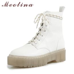 Meotina Women Motorcycle Boots Shoes Genuine Leather Platform Flats Short Boots Zipper Cross Tied Ankle Boots Lady Autumn Winter 210520