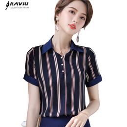 Chiffon Shirt Women Summer Retro Short Sleeve Loose Temperament Vertical Stripe Blouses Office Ladies Work Tops 210604