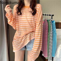 Nomikuma Striped T Shirt Women O Neck Long Sleeve Loose Tshirts Summer Slightly Transparent Korean Style Tops Graphic Tees 210514