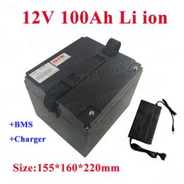 Lithium ion 12V 100Ah 80Ah battery pack built-in BMS for 1000w golf cart solar energy motor home boat+10A charger