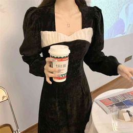 Spring Female Elelgante Robe Loose Casual Square Collar Patchwork Puff Sleeve Minimalist Over Knee Velour Dress 210427