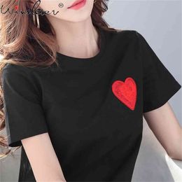 Summer Korean Clothes Cotton T-Shirt Solid Embroidered Love Women Tops Short Sleeve Elastic Bottoming Shirt Tees T13011A 210421