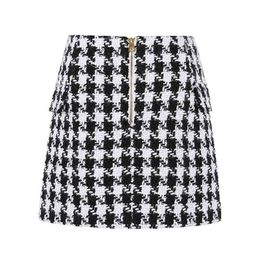 New Fashion Trend of Women's Lion Buttons Double Breasted Tweed Wool Houndstooth Mini Skirt Elegant Plaid A Line Short Skirts 210412