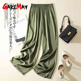 Summer Women's Pants Silk Satin Loose Casual Solid Color Trousers High Waist Elegant Wide Leg for Women 210925