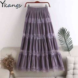 Sweet kawaii Chiffon Lace Stitching A-line pleated skirt Women's High Waist Midi Skirts Black Purple Elegant Party Long Skirt 210721