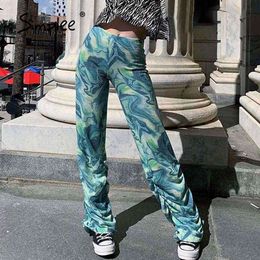 Printed ruch vintage high waist women trousers Stacked wide leg summer Green tie dye Y2K fashion long pants 210414