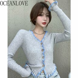 V Neck Cardigans Ruffles Spring Slim Woman Sweaters Single Breasted Korean Chic Striped Mujer Chaqueta 19417 210415