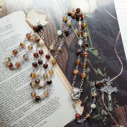 Brown Stone Cross Rosary Necklace For Men Women Long Strand Necklace Religious Pray Jewelry