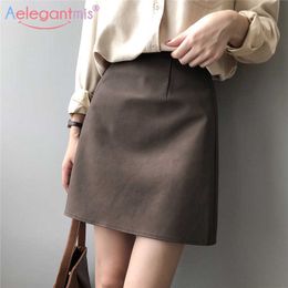 Aelegantmis Korean Faux Leather Short Mini Skirt Women Office Lady PU Female Elegant A Line Spring All Match Empire 210607