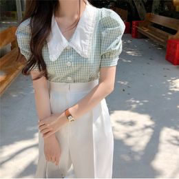 Brief Plaid Vintage Stylish Geometric Summer Short Sleeves Casual Lady Loose OL All Match Women Blouses Shirts 210421