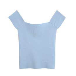 Women Fashion Stretch Slim Knitted Cropped Blouses Vintage Square Collar Short Sleeve Female Shirts Chic Tops 210520