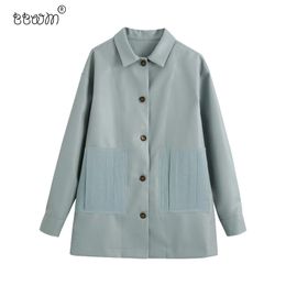 BBWM Women Fashion Mint Pockets Faux Leather Loose Jacket Vintage Long Sleeve Buttons Coat Female Chic Outerwear 210520