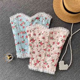 Women Fashion Sexy Sweet Wooden Ear Corset Chest Sleeveless Floral Print Tops Summer Clothes Korean Clothing S781 210527