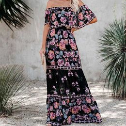 2021 ladies high waist floral print dress, plus size, summer, horizontal shoulders, long beach dress, Y1006