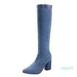 Women Boots Fashion Style Pointed Toe Square Heel Shoes Women Knee-High Western Boots Popular Denim Shoes