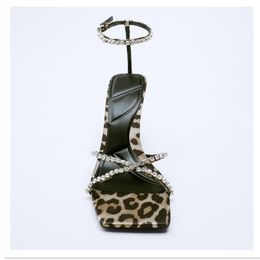Female Sandal Cross Leopard Print Shoes Large Size High Heels 2022 Summer Girls Rhinestone Big High-heeled Comfort Stiletto Fabr