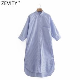 Women Fashion Single Pocket Striped Print Side Split Casual Shirt Dress Office Ladies Chic Loose Straight Vestido DS8229 210416