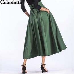 Colorfaith Women Slit Long Maxi Skirt Vintage Ladies Fashion Pleated Flared Pockets Lace Up Bow Plus Size 4XL Skirt SK8831 210401